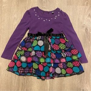 Purple long sleeved chiffon ruffle dress with pink heart print & pearl neckline